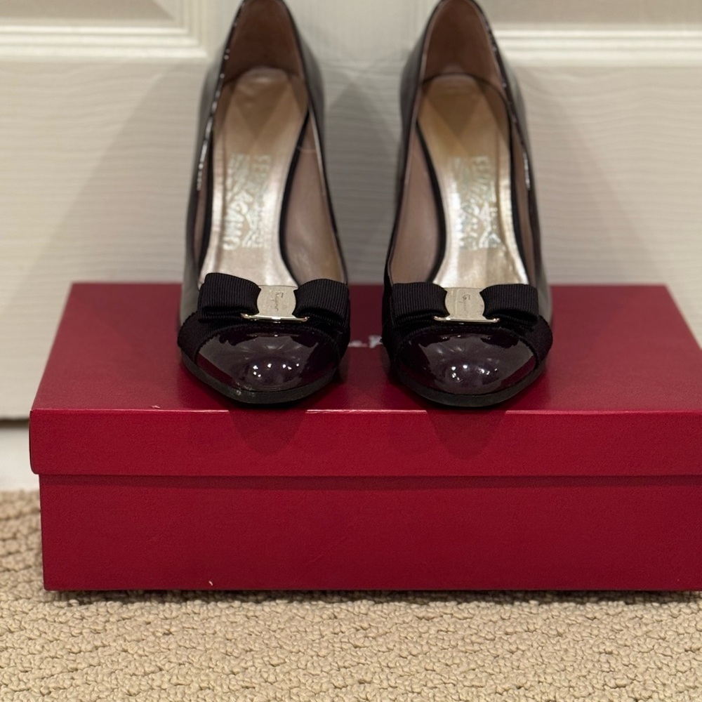 Salvatore Ferragamo Black Patent Heels with Bow